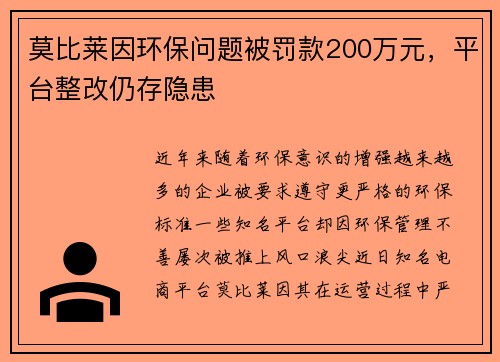 莫比莱因环保问题被罚款200万元，平台整改仍存隐患