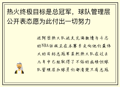 热火终极目标是总冠军，球队管理层公开表态愿为此付出一切努力