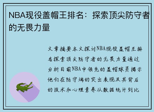 NBA现役盖帽王排名：探索顶尖防守者的无畏力量